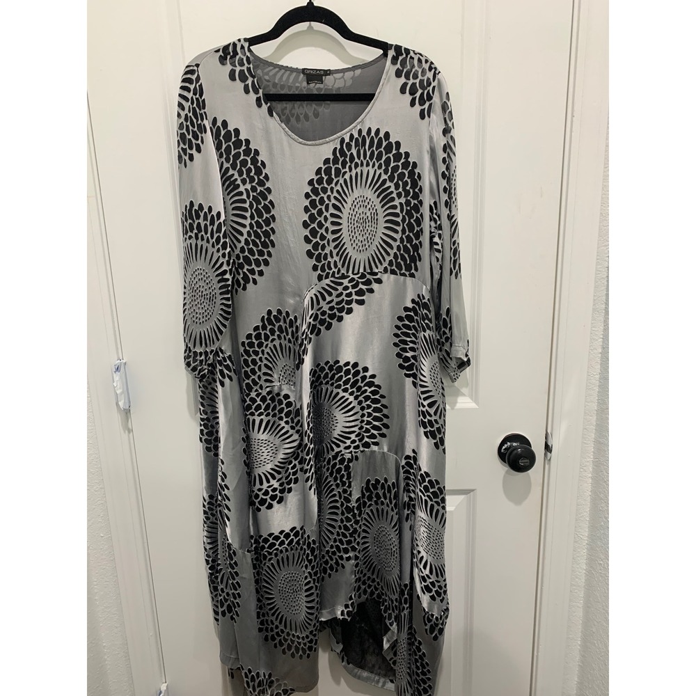 Grizas Silk Blend Burnout Floral Midi Dress Silver Black Oversized Lagenlook S